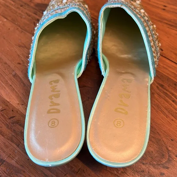 Drama Unique Light Teal Embroidered Beaded Mule Slip on Shoe Size 8 - Picture 9 of 14